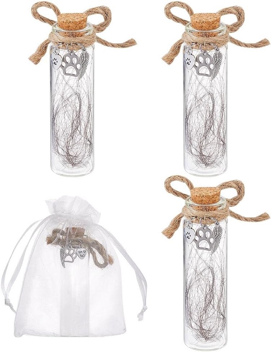 4 Stuks Mini Glazen Flessen met Kurk voor Huisdierhaar, 8 cm Herinneringsflesje met Hartdecor voor Sympathie Geschenk, Urn voor As en Vacht