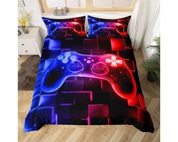 Homewish Kinderdekbedovertrek voor gamer, eenpersoons, jongens gaming beddengoedset rood blauw speelkamer decor, Galaxy videogames gamepad dekbedovertrek neon vierkant geometrisch raster bedsets met 1