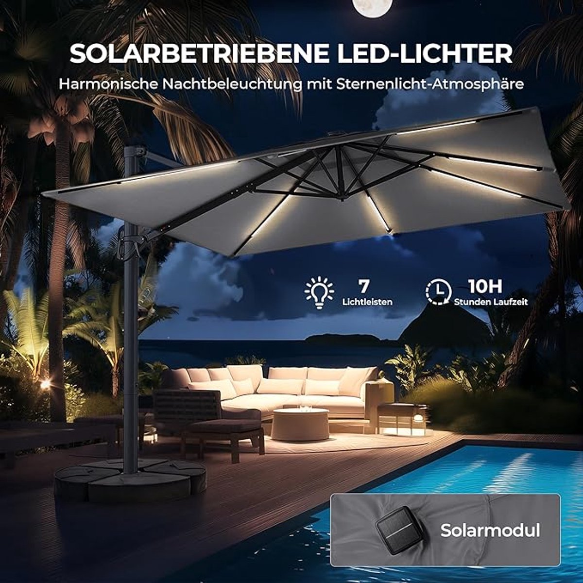 Solaris Royal LED Zweefparasol 300 x 300 cm – Luxe Vierkante Hangparasol met Solar Verlichting, 360° Rotatie en UV-Bescherming