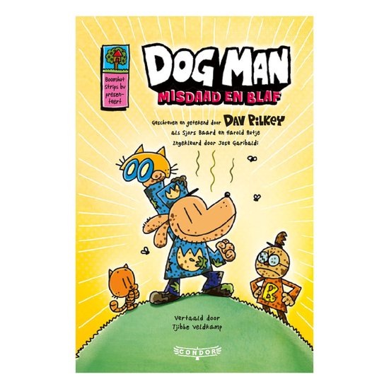 Boekomslag van Dog Man: Misdaad en blaf. Dog Man, Petey en Li'l Petey staan op een heuvel. Dog Man houdt een schaar omhoog.