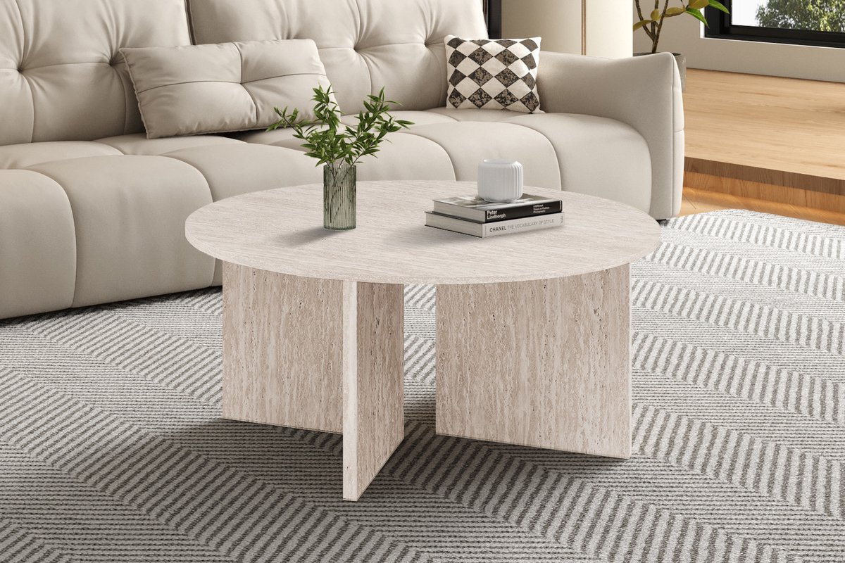 Salontafel Rond – Beige – Travertin Look – Ø90 cm