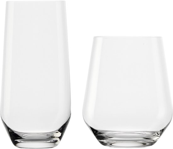 Twee Stölzle Lausitz glazen: een langwerpig waterglas en een breder longdrinkglas.