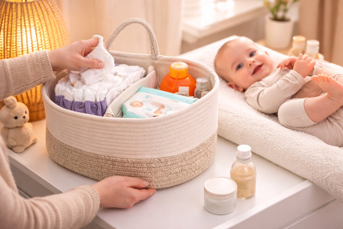Katoenen Luiermand met Handvatten – Baby Organizer met 3 Vakken – Commode Organizer / Diaper Caddy – Opbergmand Baby – Crème Beige – foto 7
