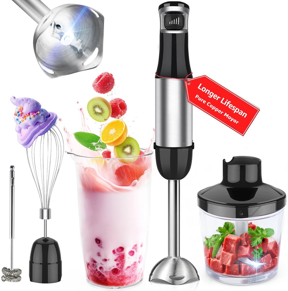 Seth Select 5-in-1 Staafmixer Set - Met Hakmolen, Garde en Melkopschuimer - Blender - Handmixer - 5 Snelheden - RVS - Zwart