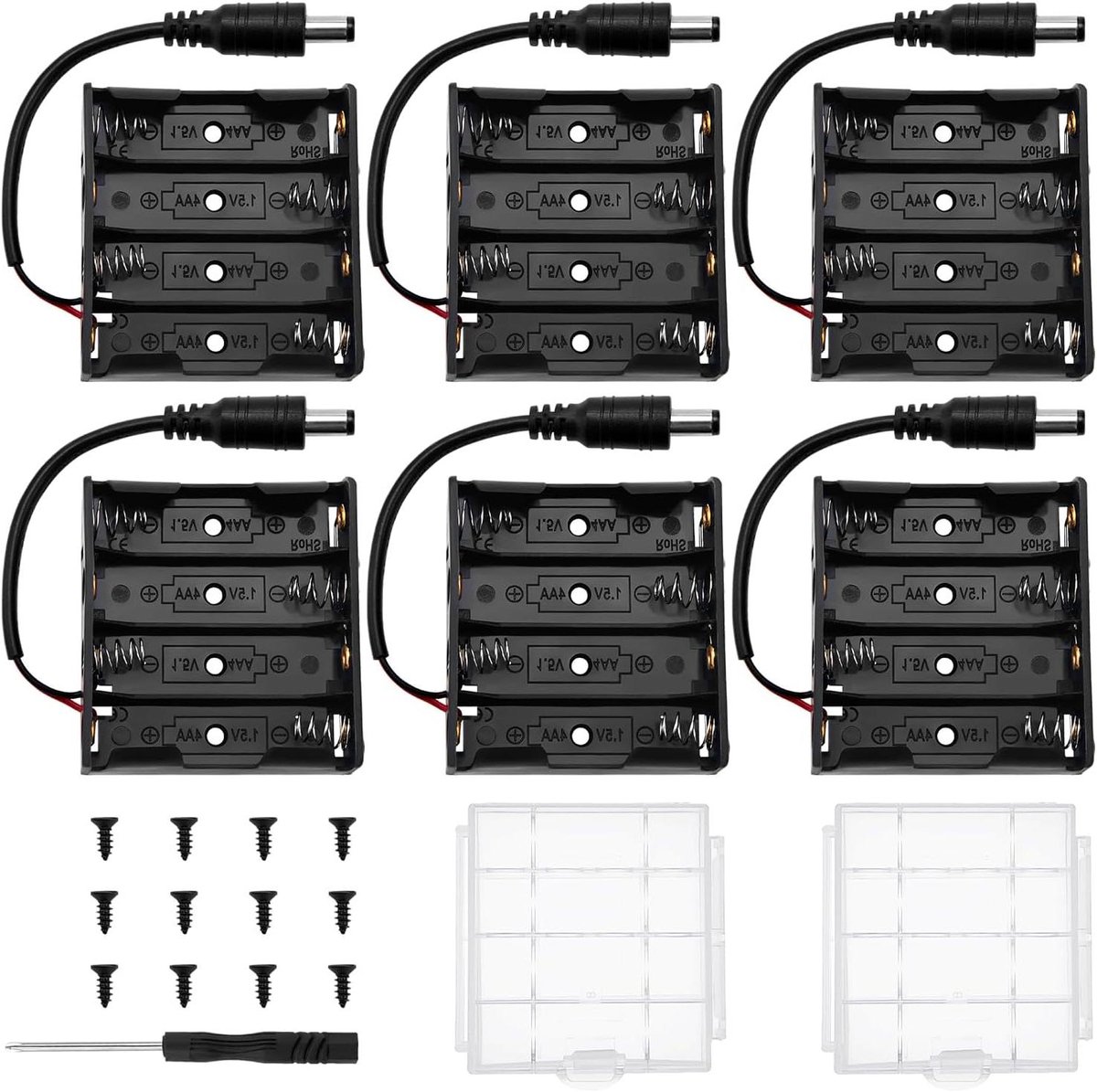 Batterijhouders AA - Batterijboxen Opbergdozen - Elektronica Projecten - Met DC Stekker - 6 Stuks - Zwart