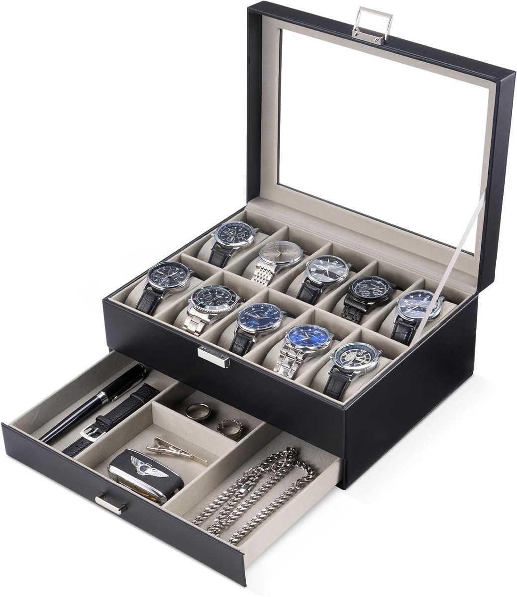 Horloge Kist - Horloge Opberger - Horloges Beschermen - Twee Lagen Opbergruimte - 27.8 x 21 x 12 cm - Zwart