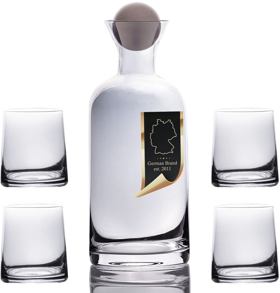 Intirilife Karaf met 4 glazen Set gemaakt van glas met Rokerig Grijze kleur - Karaf 1.1 liter - Glazen 200 ml - Geschenkset, kan met baldeksel, voor warme en koude dranken