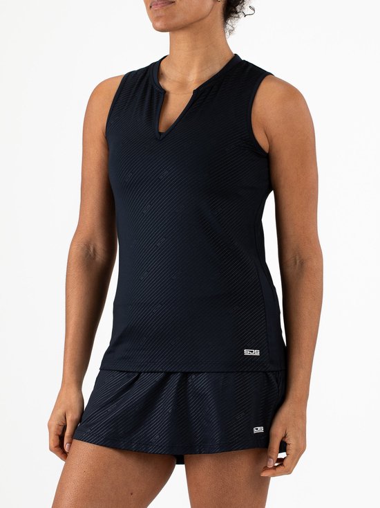 Haut de sport noir sans manches avec encolure en V, rayures diagonales et logo sur l'ourlet.