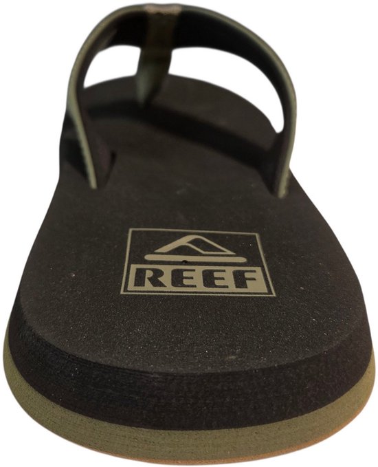 Zwarte Reef slipper met olijfgroene band en logo.