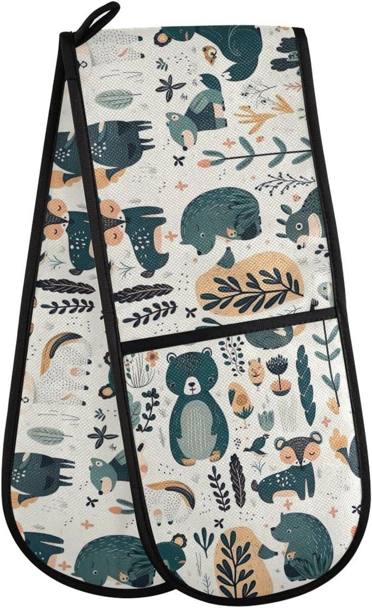 Bear Egel lam en planten bloemen extra lange dubbele ovenwanten, antislip keukenovenhandschoen voor koken, bakken, grillen, 70 x 18,5 cm