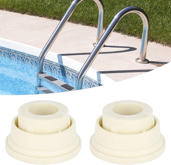 Twee witte rubberen zwembadladderbumpers op witte achtergrond.