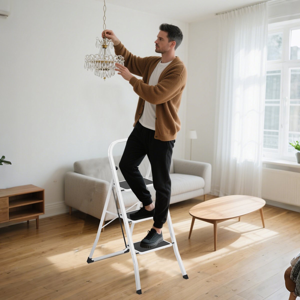 Froadp 3-treden metalen ladder, opvouwbare ladder, opstapje, antislip trapladder, multifunctionele ladder, opvouwbaar opstapje, opstapladder, sta-ladder tot 150 kg, zwart-wit – foto 8