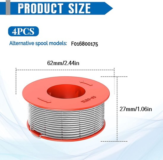 4 stuks - geschikt voor Bosch F016800175 spoelen - grastrimmer spoel - vervangende trimmerdraad, diameter 1,6 mm, lengte 8 m - geschikt voor BOSCH F016800175 spoeldraad - onderdelen voor grasmaaiers — afbeelding 2