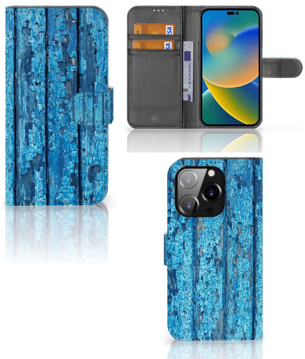 iPhone 14 Pro Book Style Case Wood Blue