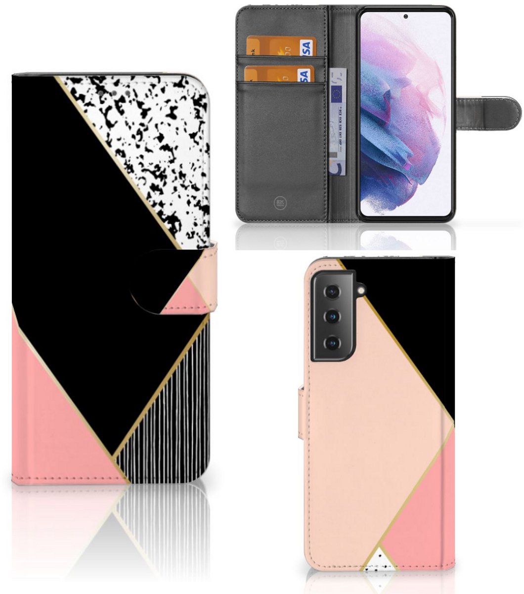 Samsung Galaxy S21 Plus Book Case Zwart Roze Vormen