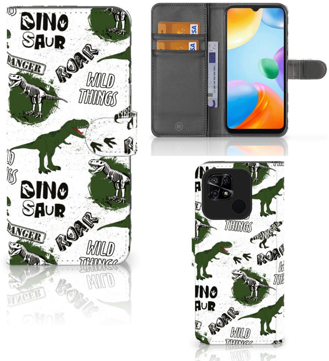 Telefoonhoesje met Pasjes voor Xiaomi Redmi 10C Dinosaurus