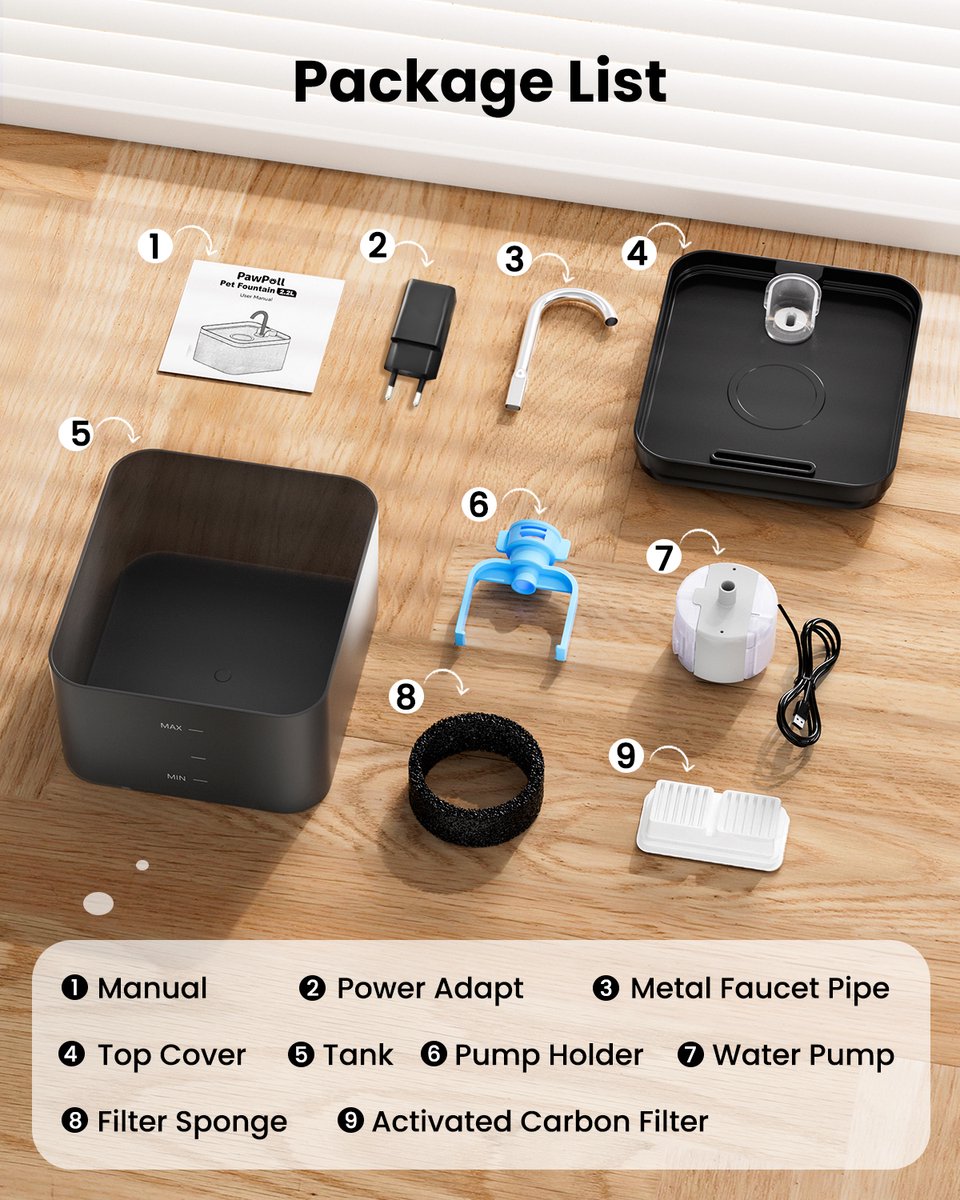 PawPoll Drinkfontein Kat en Hond - 2.2L Waterfontein - Kattenfontein - Incl filter en cleaning tool - Fluisterstil - Waterautomaat - Zwart thumbnail 6