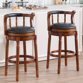 Wishdor - Barkruk - 360 Graden Draaibare Zitting Met Gebogen Rugleuning - Klassiek Ontwerp - Voor Keuken Of Bar - Houten Frame Met Echt Leer En Sponsvulling - Zwart Met Ivoorkleurig Hout - Zithoogte 74,9 Cm