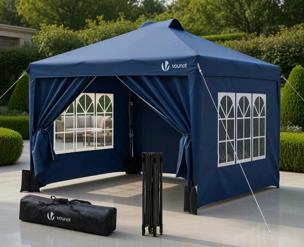 Luxe Pop-Up Partytent 3x3m – Waterdicht Tuinpaviljoen met Zijwanden, UV-Bescherming 99%, In Hoogte Verstelbaar, Stalen Frame, Inclusief Draagtas – Blauw Medahomestore