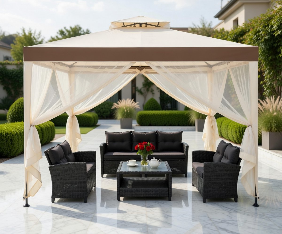 Luxe 3x3m Tuinpaviljoen met Dubbel Dak, Muggennet & Waterdichte UV50+ Bescherming – Stabiele Partytent voor Tuin, Terras & Buitenfeesten (Beige) – medahomestore