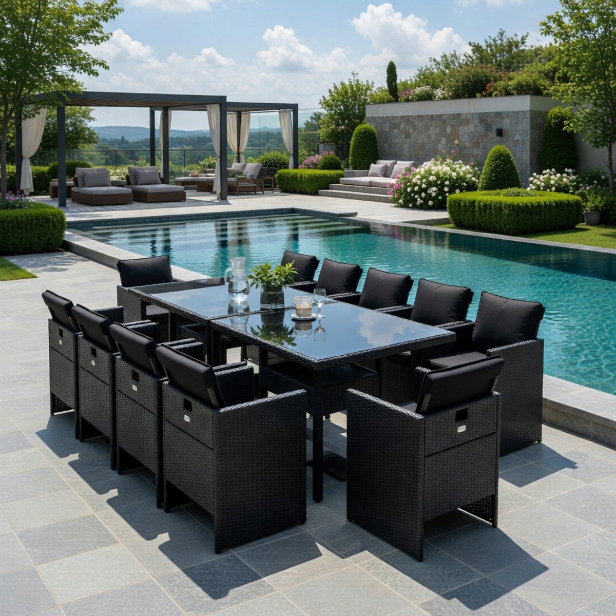 Tuin Eetset 17-delig voor 16 Personen – Grote Rattan Tuinmeubelset met Tafel en Stoelen, Inclusief Kussens, Opklapbare Rugleuningen, Weerbestendig Polyrattan, Zwart – Urbanhome