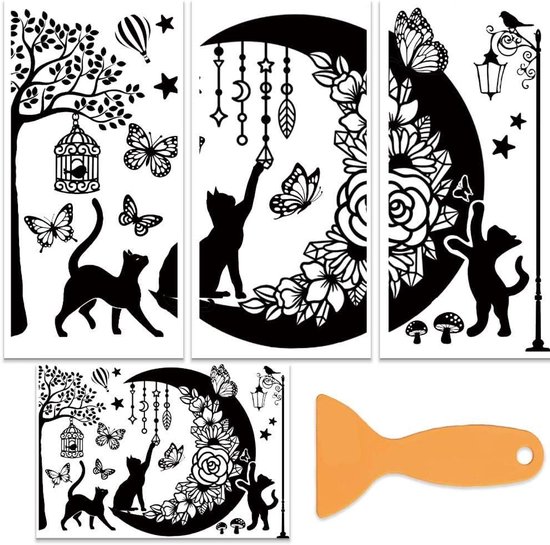 Autocollants décoratifs noirs représentant des chats, des lunes, des papillons, des arbres et des lanternes, avec une raclette orange.