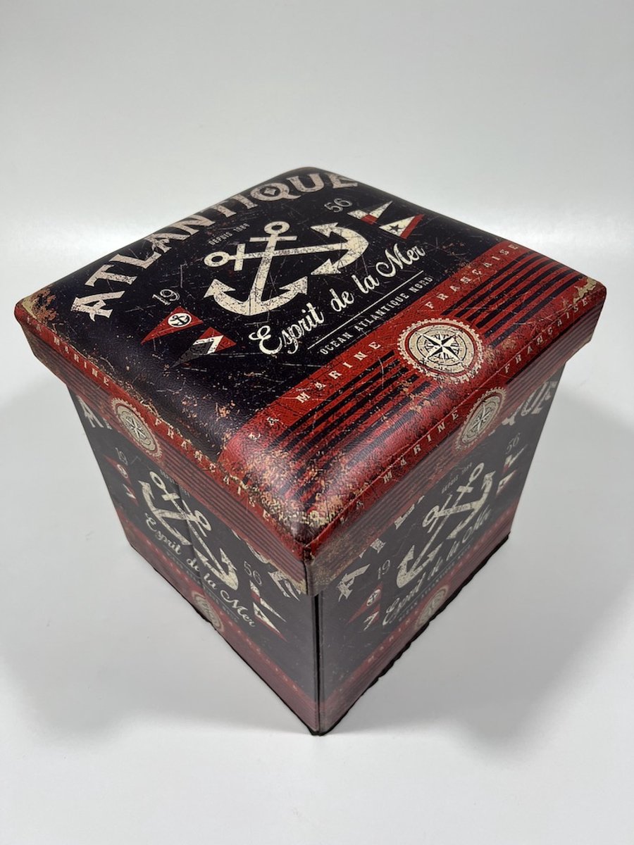 Retro opbergbox rood/ bruin Opbergpoef/box Donkerbruin - Inklapbare Zitbank en Opbergbox met Deksel“Atlantique Esprit de la Mer”