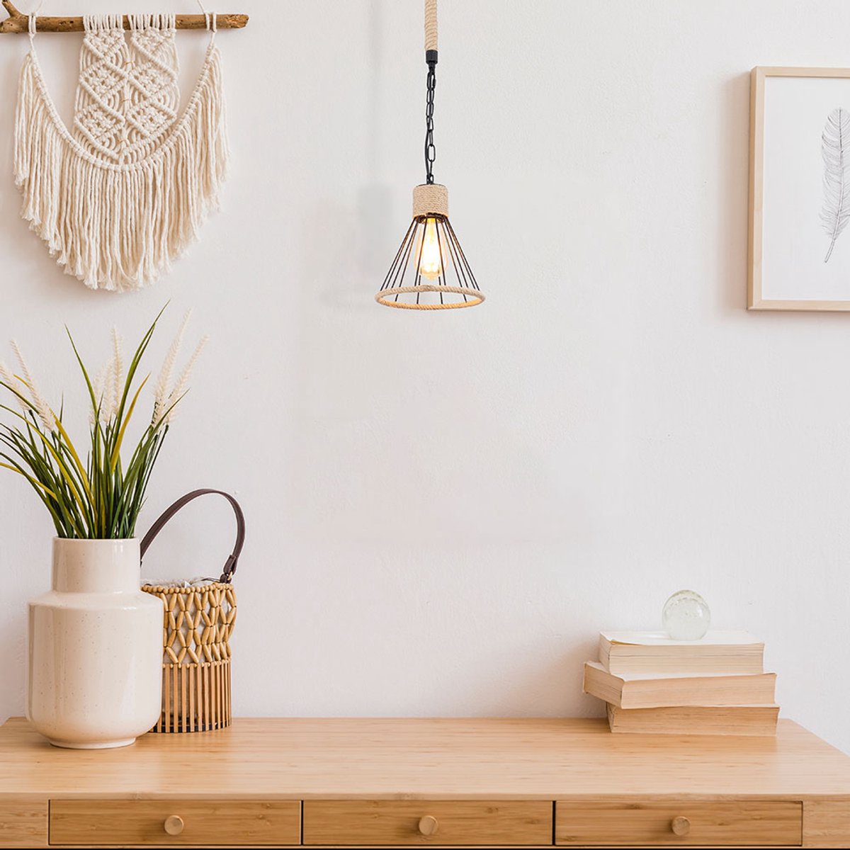 Hanglamp henneptouw ketting woonkamer hanglamp in kooi design, zwart metaal, 1x E27 fitting, DxH: 19,5x120 cm