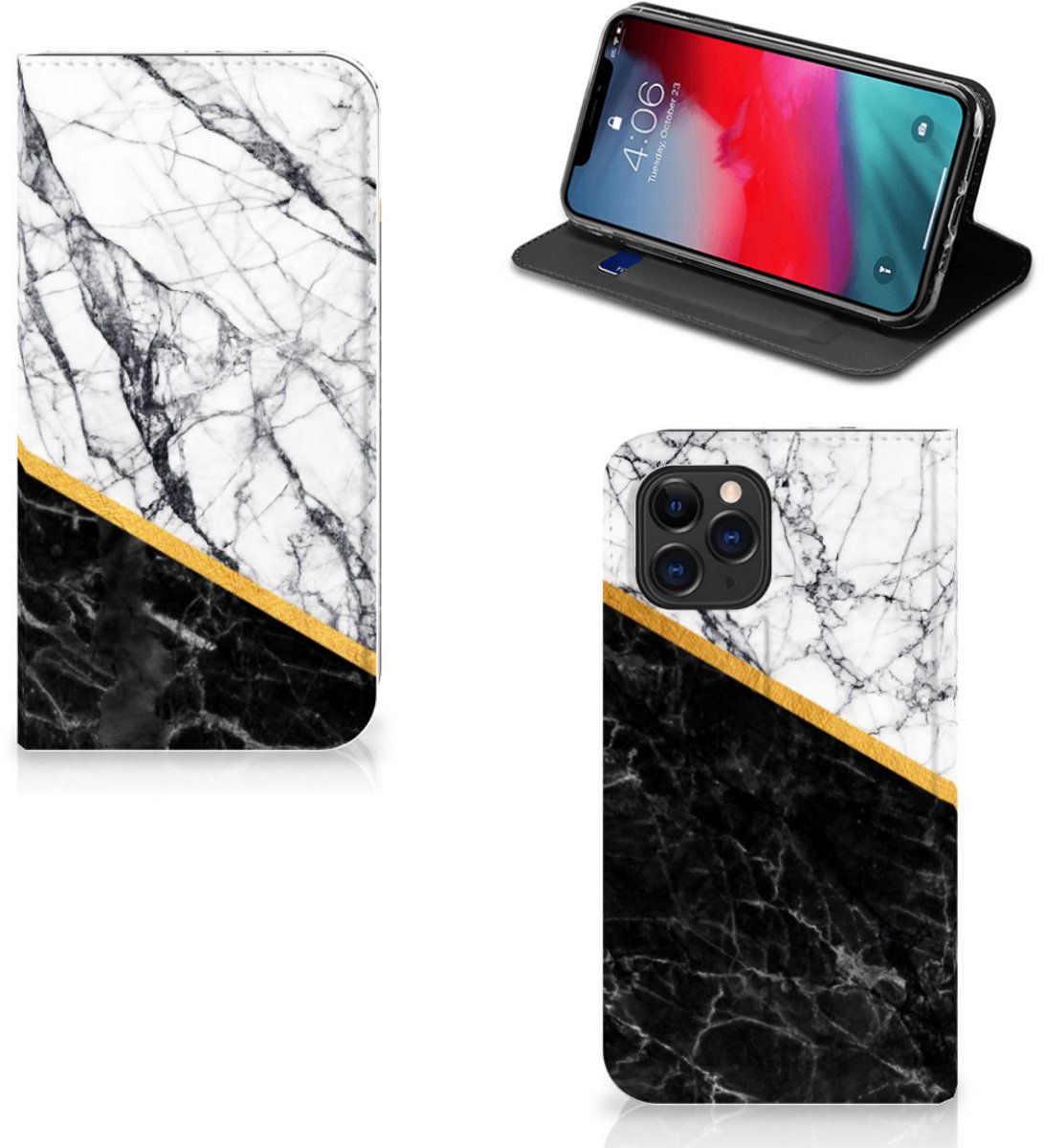 Apple iPhone 11 Pro Standcase Marmer Wit Zwart - Origineel Cadeau Man