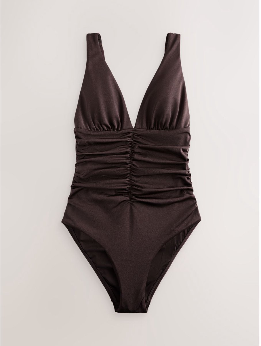 Next Dames - Buikcorrigerend badpak met laag decolleté en ruches - Bruin Chocolate Brown High Shine