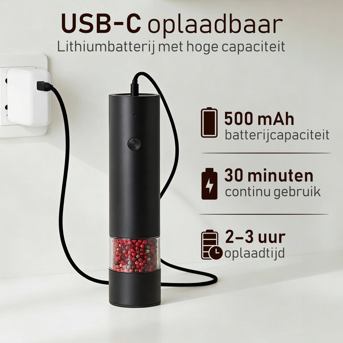 VAYN Elektrische Peper en Zoutmolen Set - Automatische Pepermolen met Instelbare Maalgraad - USB-C Oplaadbaar - 2 Stuks met Houder - Zwart — cadeau in Kookcadeaus - foto 4