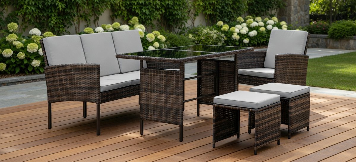 Polyrattan Tuinset Denver – 7-Persoons Moderne Tuinmeubelset met Glazen Tafel, 2 Stoelen, 1 Bank en 2 Krukjes – Weerbestendig, Comfortabel, Voor Balkon, Tuin en Terras – BruinMedahomestore