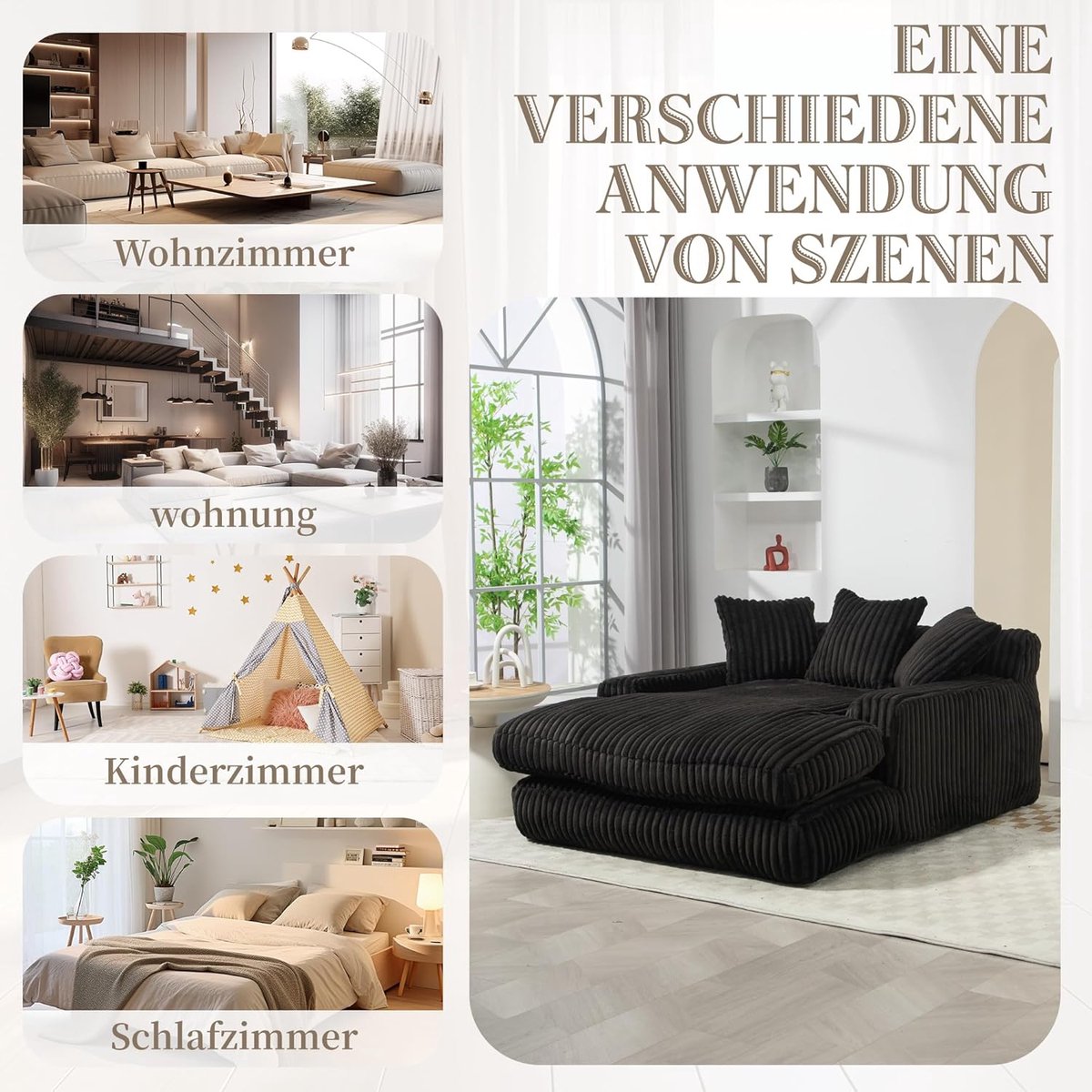 Chaise Longue Lounger Bankbed 125x155x63 cm – Corduroy Lounge Fauteuil met 3 Kussens – Ergonomische Design Relax Bank – Modern Design – Zonder Montage – Zwart – Laura
