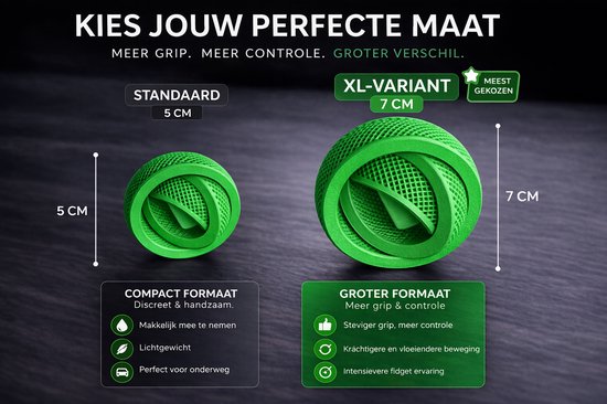 Twee groene fidget ballen, 5 cm en 7 cm, met "XL-VARIANT MEEST GEKOZEN" en "GROTER FORMAAT" labels.