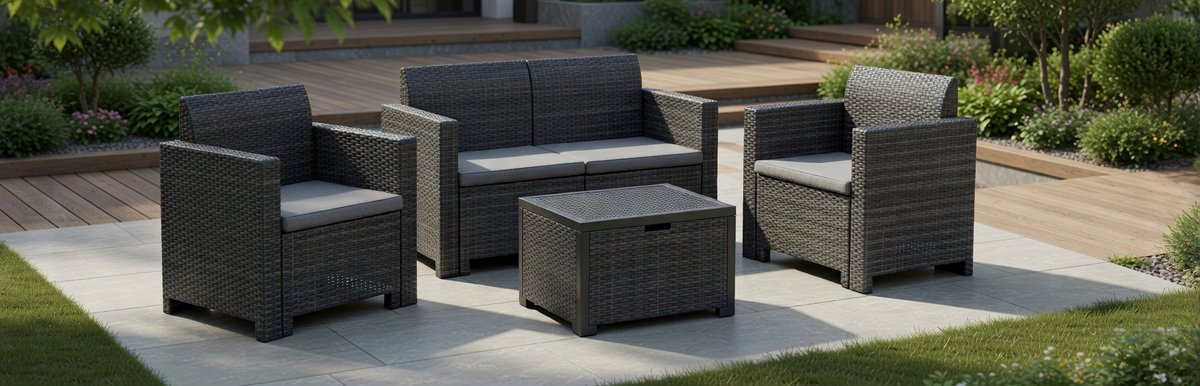 Riviera Luxe Tuinmeubelset – 4-delige Buitenlounge Set van Waterdicht Polypropyleen – Modern Antraciet – Tuinbank, Fauteuils en Salontafel – Weerbestendig & UV-bestendig – Comfortabele Outdoor Loungeset voor Balkon, Terras & Tuin MedahomeStore