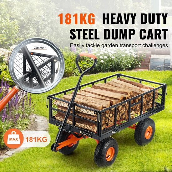 WEVERO Tuinwagen 180 kg - Tuinkar - Kantelbare Bak - Metalen Tuinkar - Afneembare Zijkanten - Transportruimer - 4 Wielen - Tuin van Merkloos	 — afbeelding 4