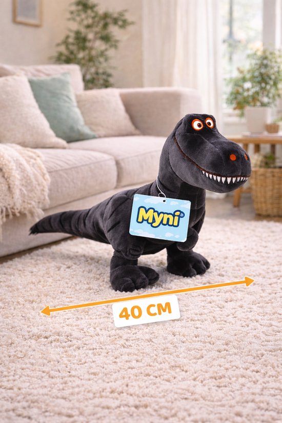 Een zwarte pluche dinosaurus met grote ogen staat op een beige tapijt. De dinosaurus heeft een label met 'Myni'. Een oranje pijl geeft een lengte van 40 cm aan.