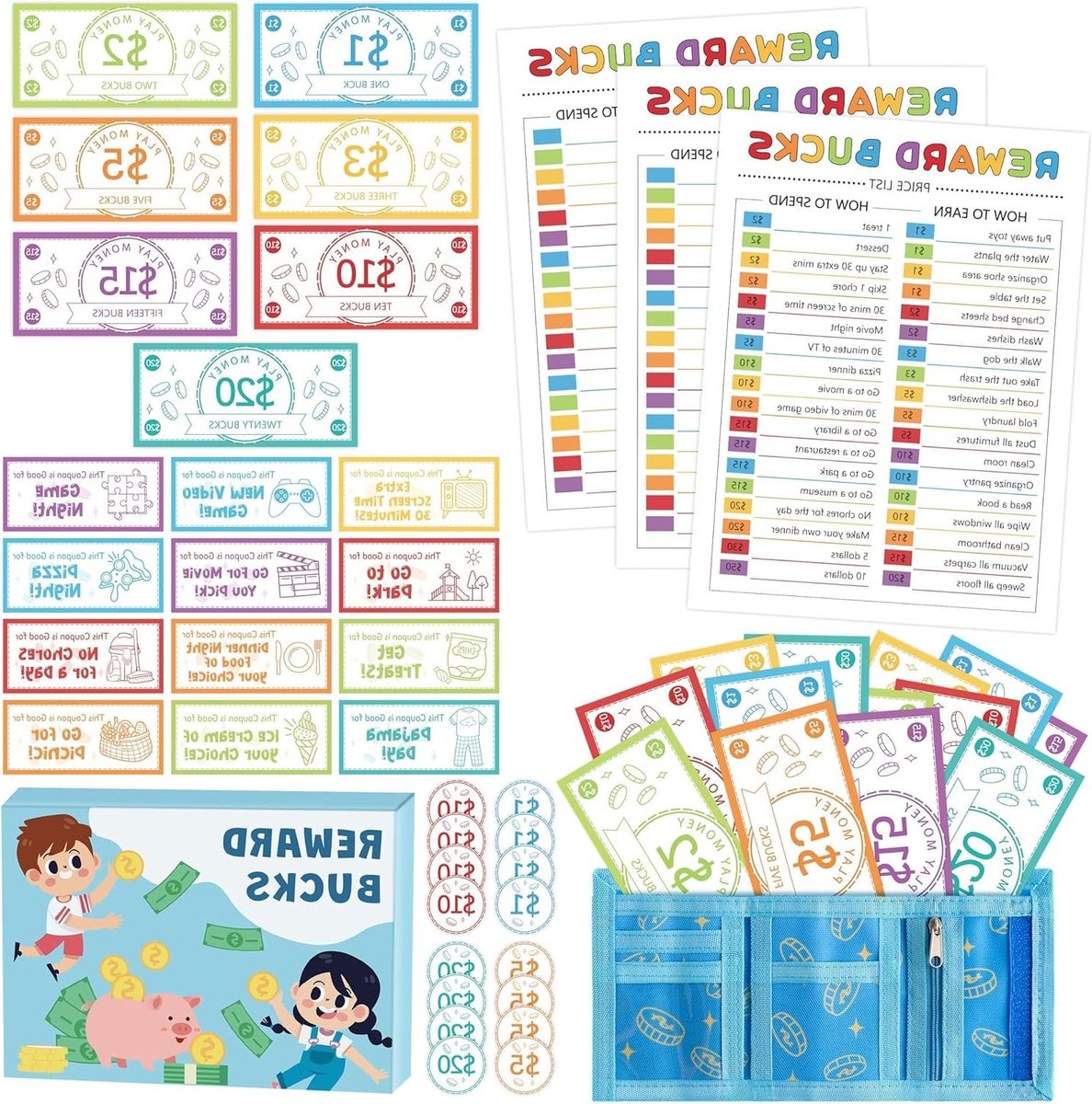 Beloningsmunten en Coupons - Geldspel Kinderen - Goed Gedrag Stimuleren - Flexibel Gezinssysteem - 1354 Stuks - Kleurrijk