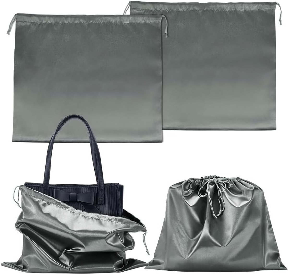 4 Stuks Stofvrije Trekkoord Opbergtas, 15.6 x 20 Inch Zijden Bescherming, Reisopbergtas voor Handtassen, Portemonnees en Schoenen, Grijs