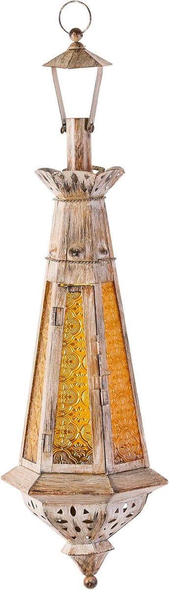 Amber Druppel Lantaarn - Marokkaanse Kaarsenhouder - Decoratieve Verlichting - Met Glaspanelen - 6 3/4" x 23" - Oranje