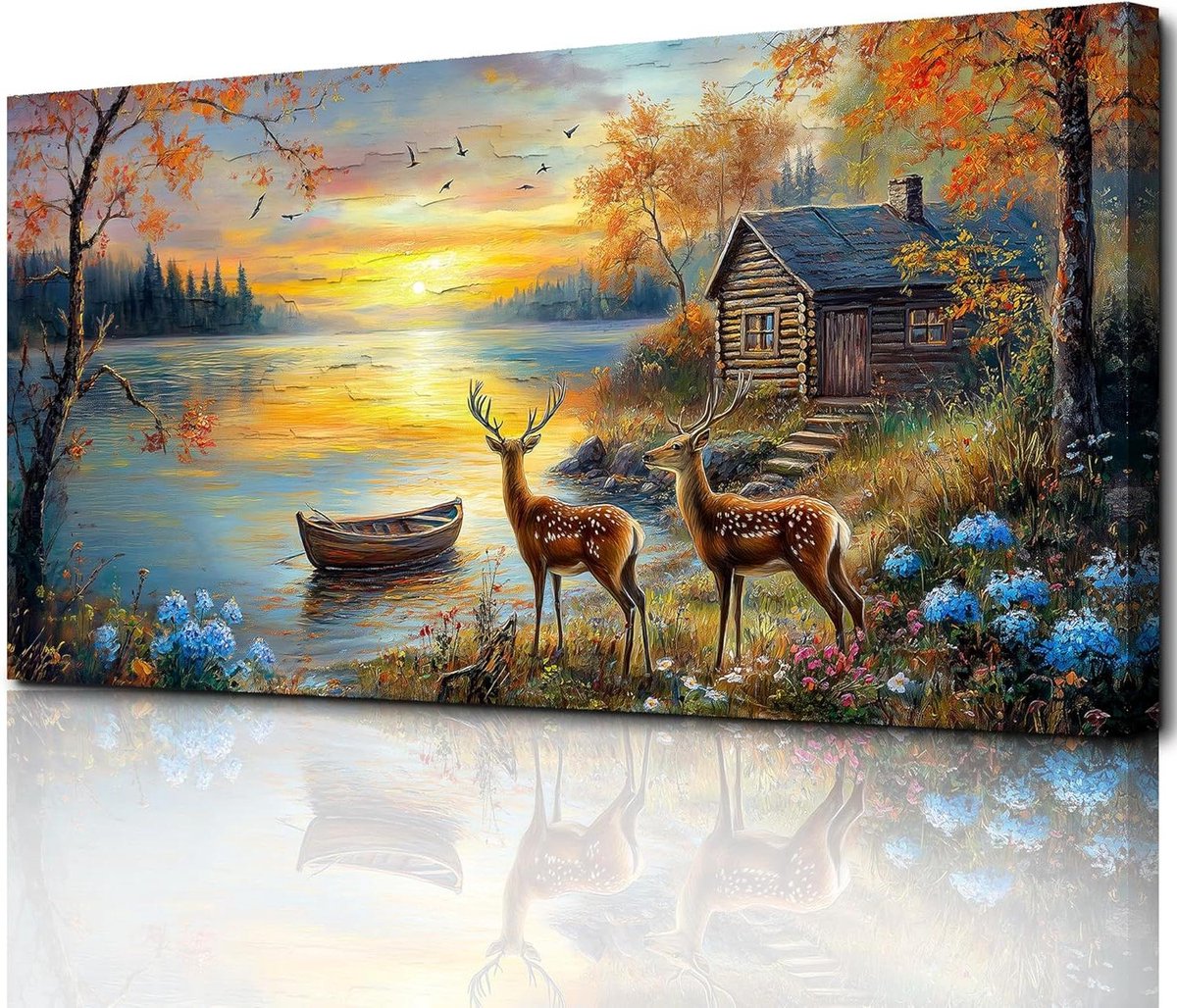 Canvas Schilderij Groot - Moderne Muurdecoratie - Woonkamer Aankleden - Elk bij de Rivier Print - 59x119 cm - Zonsondergang