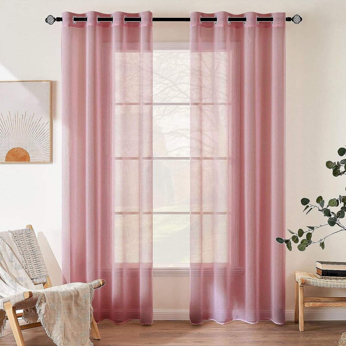 Vitrage Gordijnen - Voile Gordijnen - Woonkamer Decoratie - Polyester Structuur - 140 x 225 cm - Donkerroze
