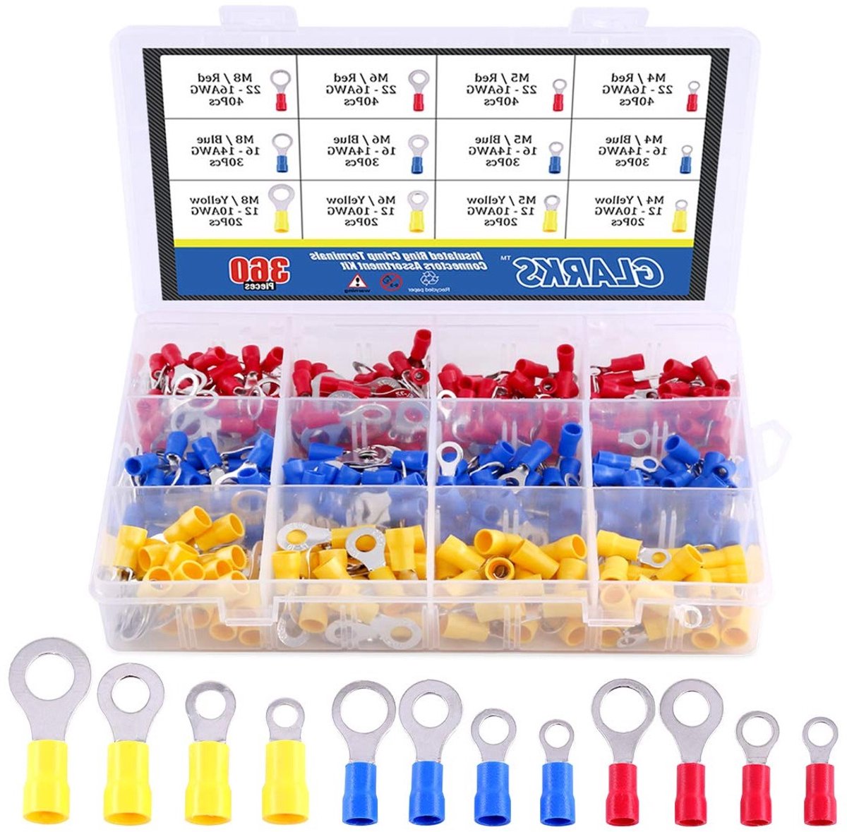 360 Stuks Gemengde Quick Disconnect Elektrische Isolatie Terminals - M4/5/6/8 Ring Crimp Connectoren Assortiment Kit voor 22-16/16-14/12-10 Gauge