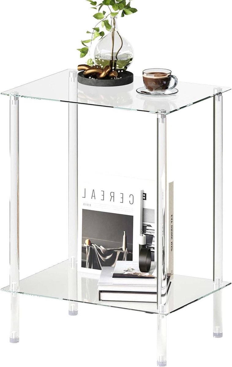 Bijzettafel met 2 planken - Nachtkastje Glazen Tafel - Woonkamer Organiseren - Rechthoekig Transparant Design