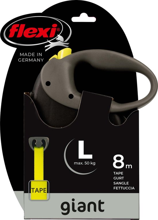 Flexi Giant L hondenriem met gele tape, max. 50 kg, 8 meter, Made in Germany.