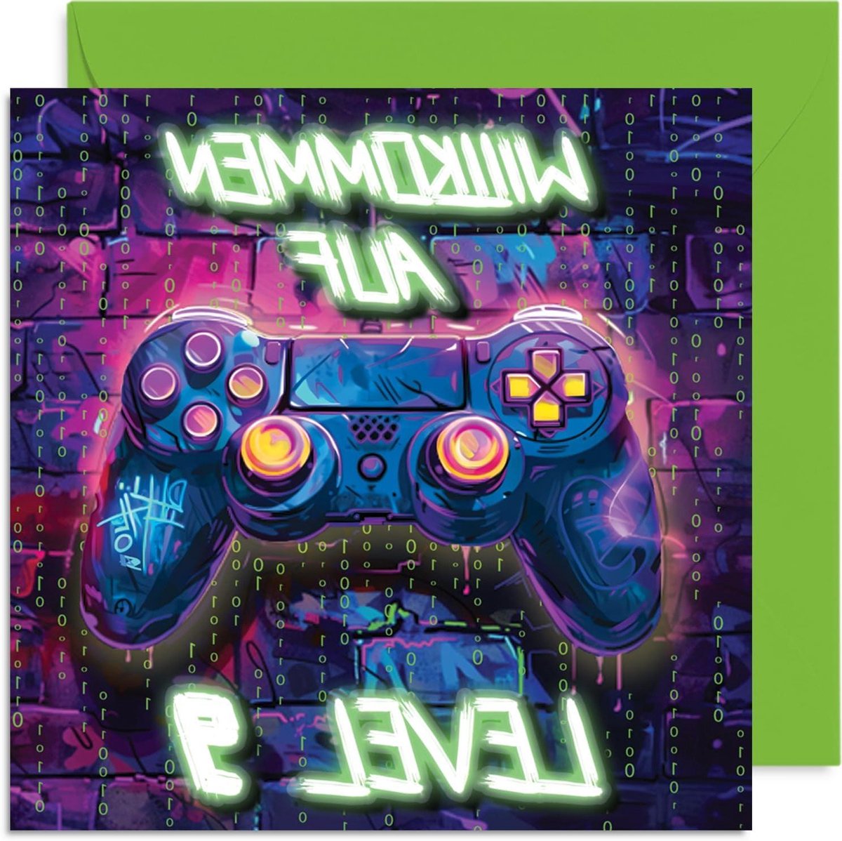 Verjaardagskaarten Jongens - Wenskaarten Gamer - Verjaardag Vieren - Neon Videogamer Design - 145mm x 145mm - Neon Kleuren