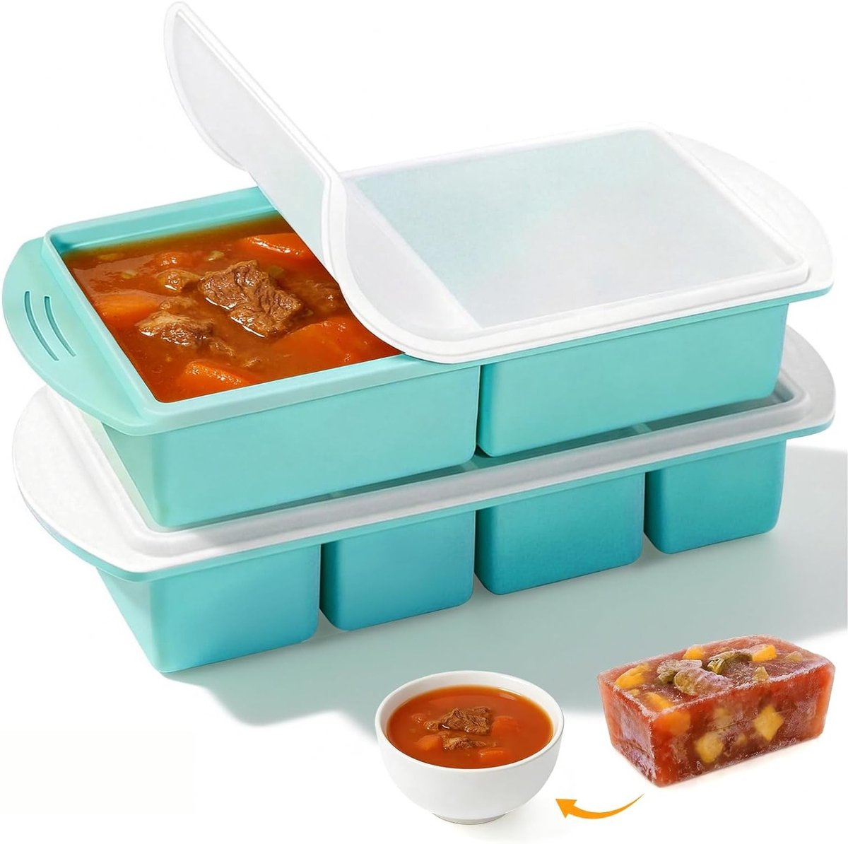 Set van 2 Siliconen Vriezercontainers met Deksel voor Soep, Bouillon, Maaltijdvoorbereiding en IJs, Ideaal voor Opslag en Vriezen van Voeding