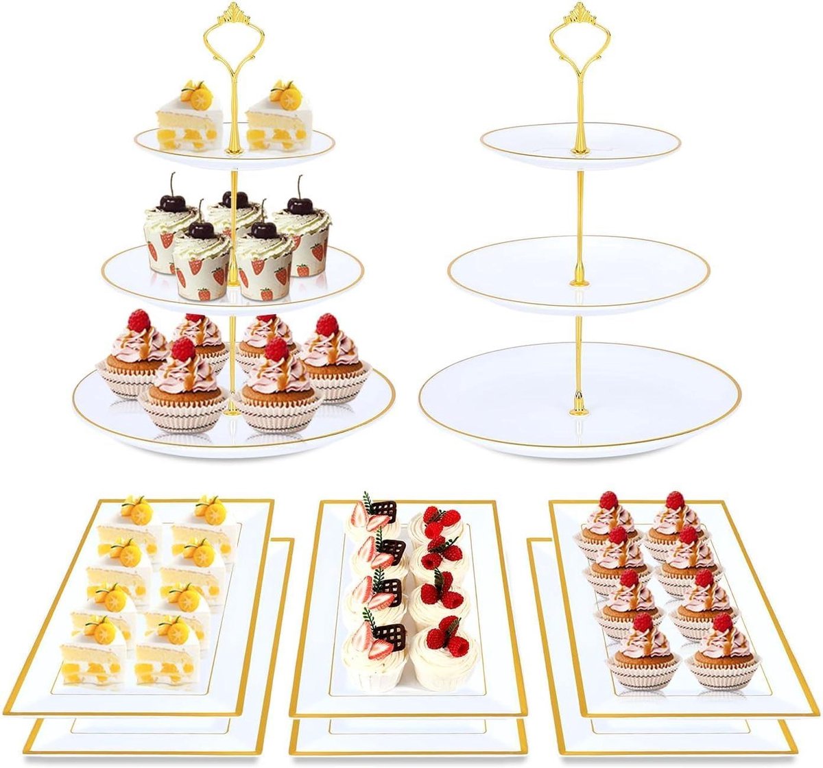 Taartstandaard Set - Cupcake Standaard - Desserts Presenteren - Met Gouden Rand - 8 Stuks - Wit