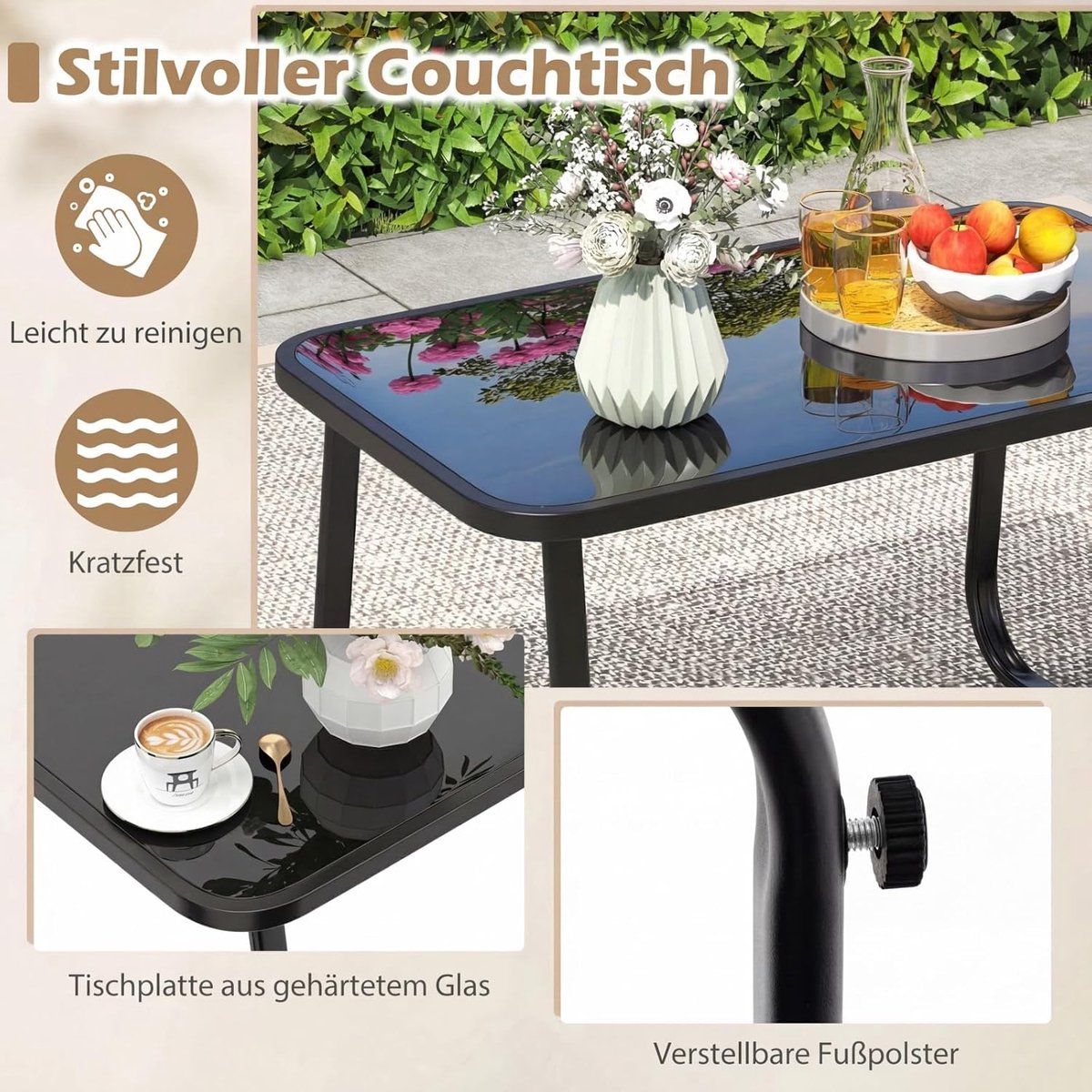 Tuinmeubelset 4-delig 114 x 77 x 75 cm – Metalen Frame & Gehard Glazen Tafel – Weerbestendige Terrasset met Bank en Stoelen – Bruin | Nicolehome