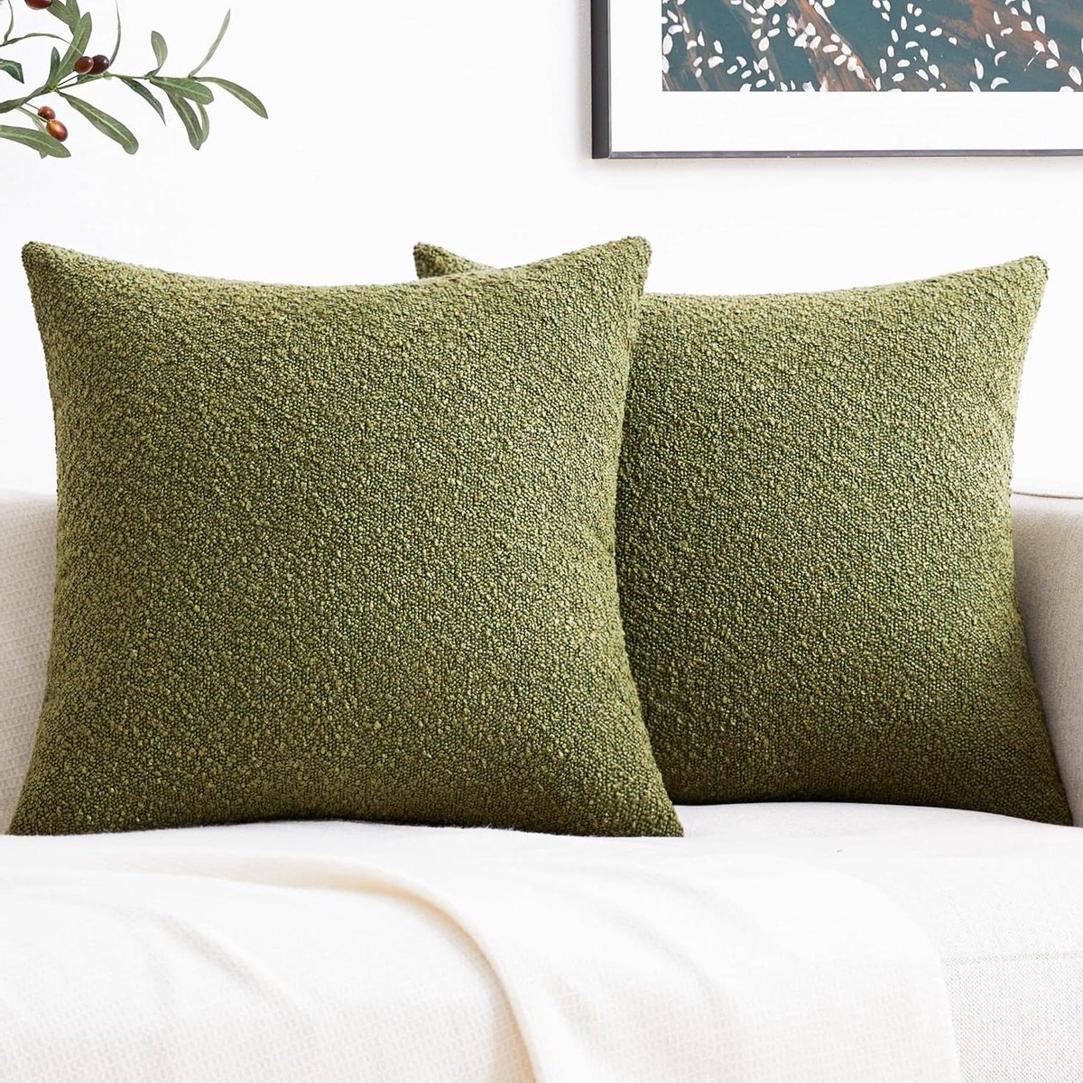 Decoratieve Sierkussenslopen - Bouclé Kussenhoezen - Woonkamer Aankleden - Iconische Textuur - 50 x 50 cm - Olijfgroen